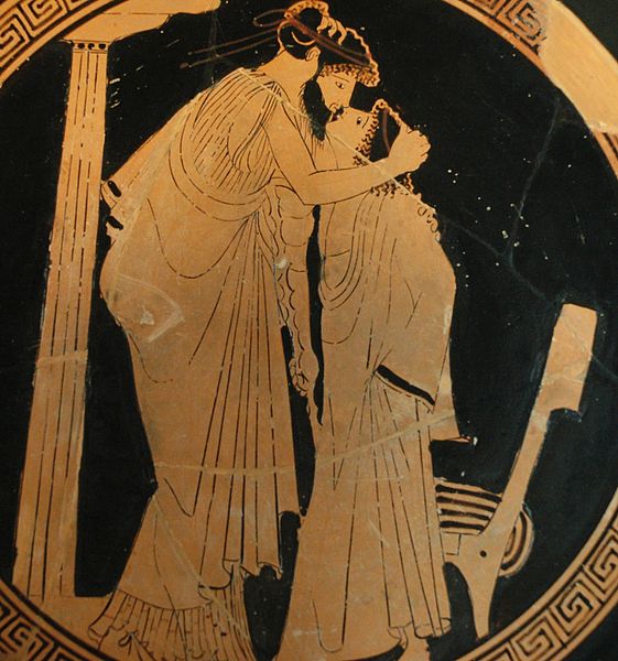 Erastes (lover) and eromenos (beloved) kissing. Detail from the tondo of a red-figure Attic cup, ca. 480 BC.